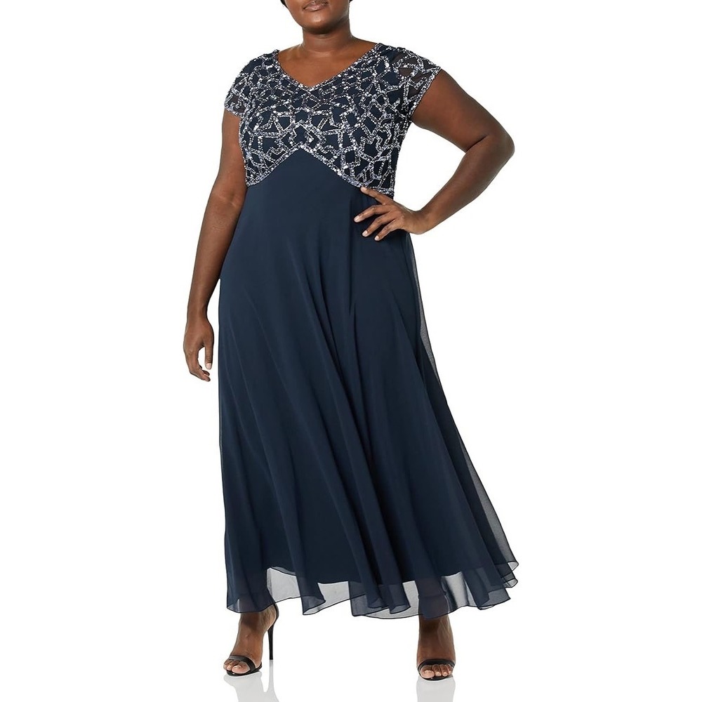 J Kara Womens Navy Beaded Cowl Neck Short Sleeve Long Gown Dress Size 16 NWT